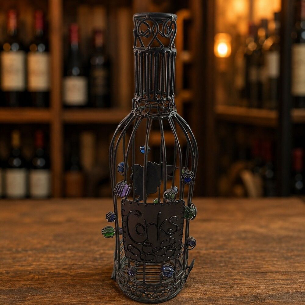 Black Metal Wine Bottle Cork Cage Holder Scrollwork with Accents Leaf Design